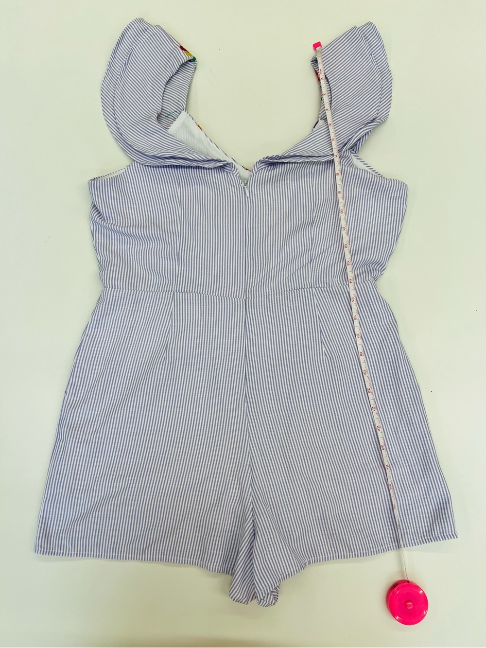 JMarie Seersucker Romper with Colorful Embroidered Floral Ruffle Neckline - Picture 5 of 8